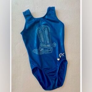 GK elite gymnastics leotard rhinestone boot blue foil mystique tank Leo